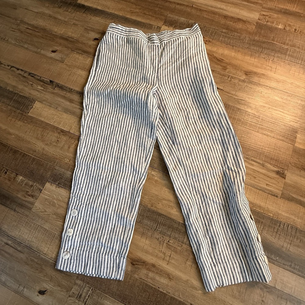 Chico's Linen Striped Cropped Pull On Coastal Lagenlook Nautical Pants size 2